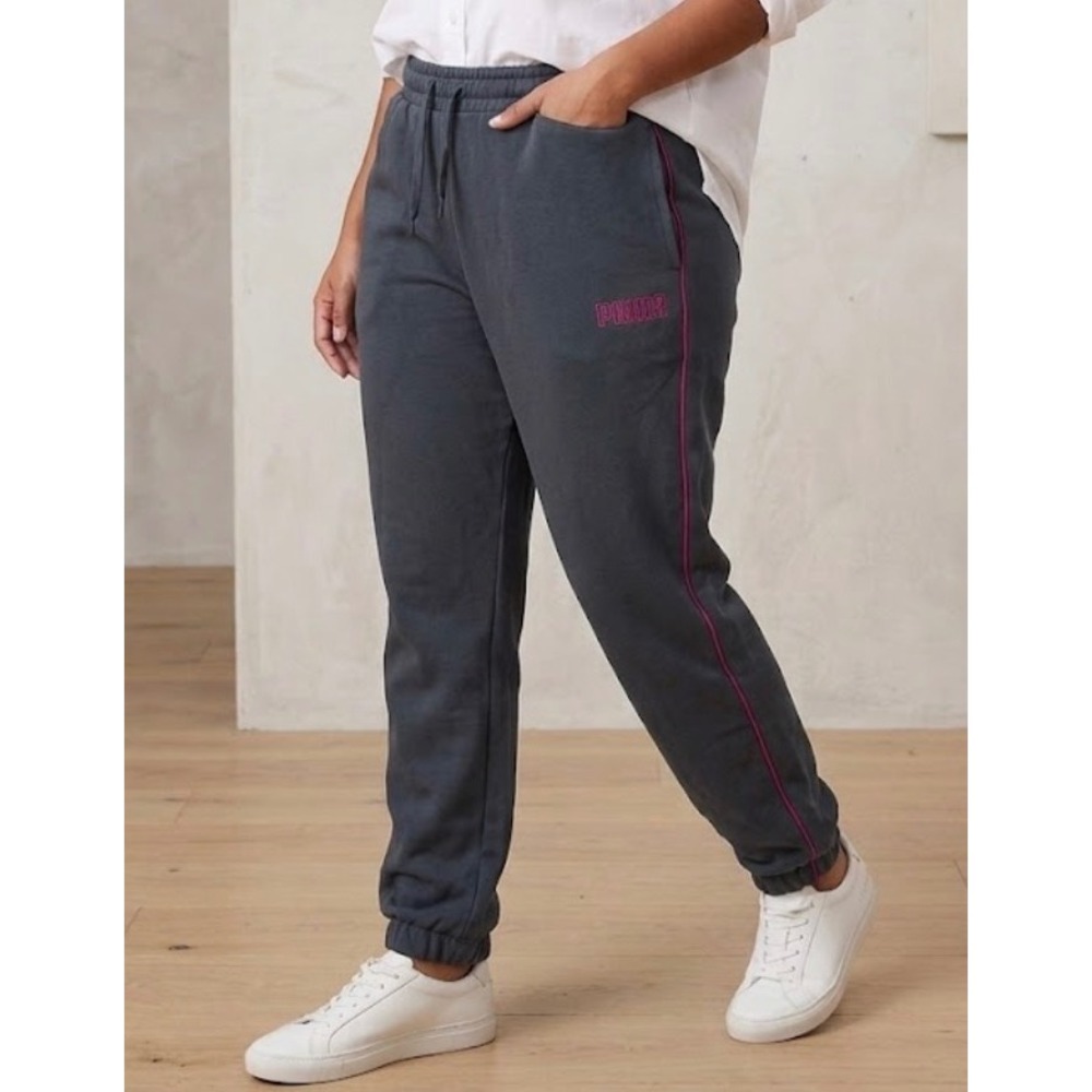 Puma Womens Gray Fleece Jogger Sweatpants Pink Piping Logo Size Large